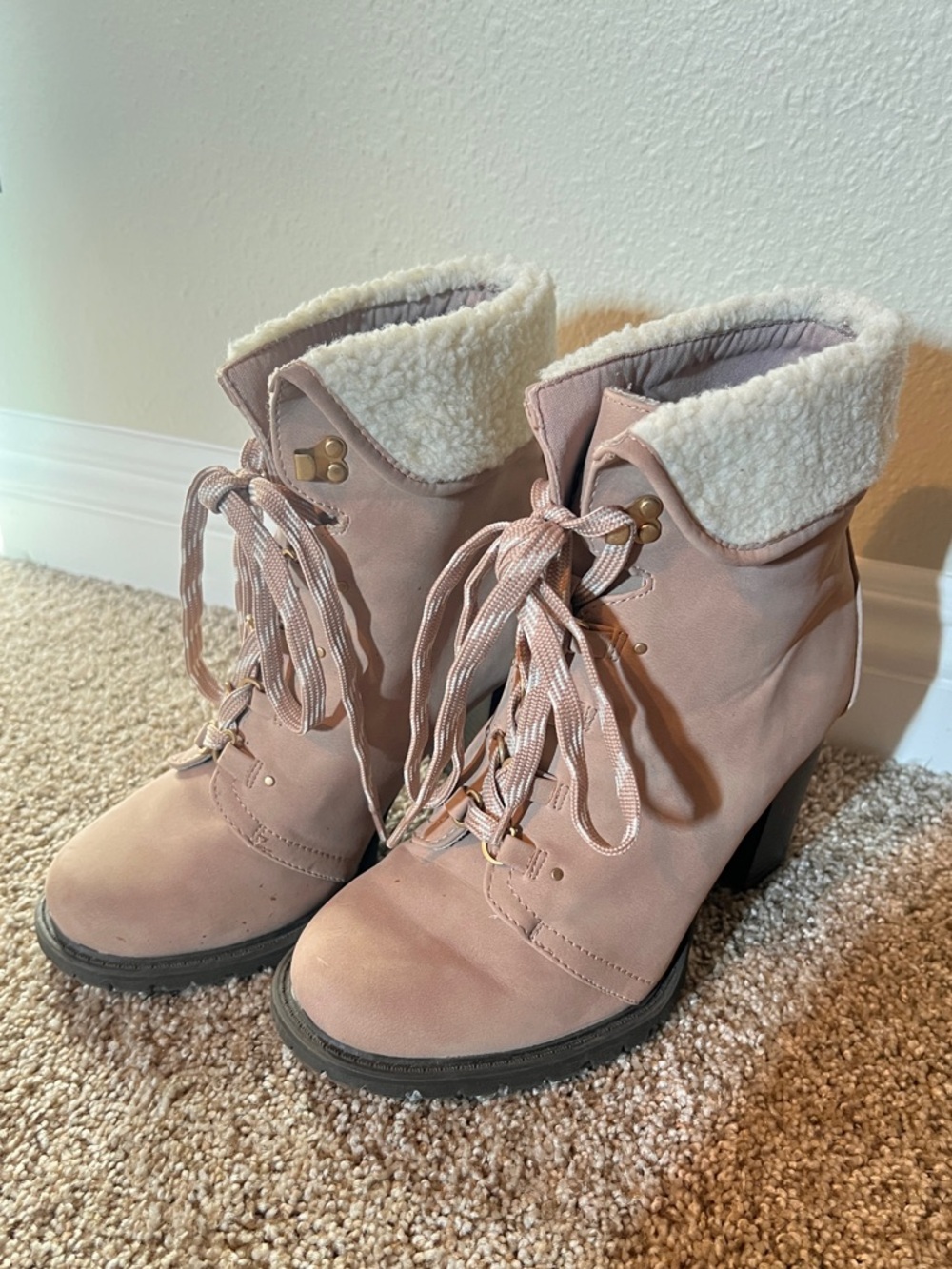 torrid Blush Pink Lace-Up Faux Shearling Boots